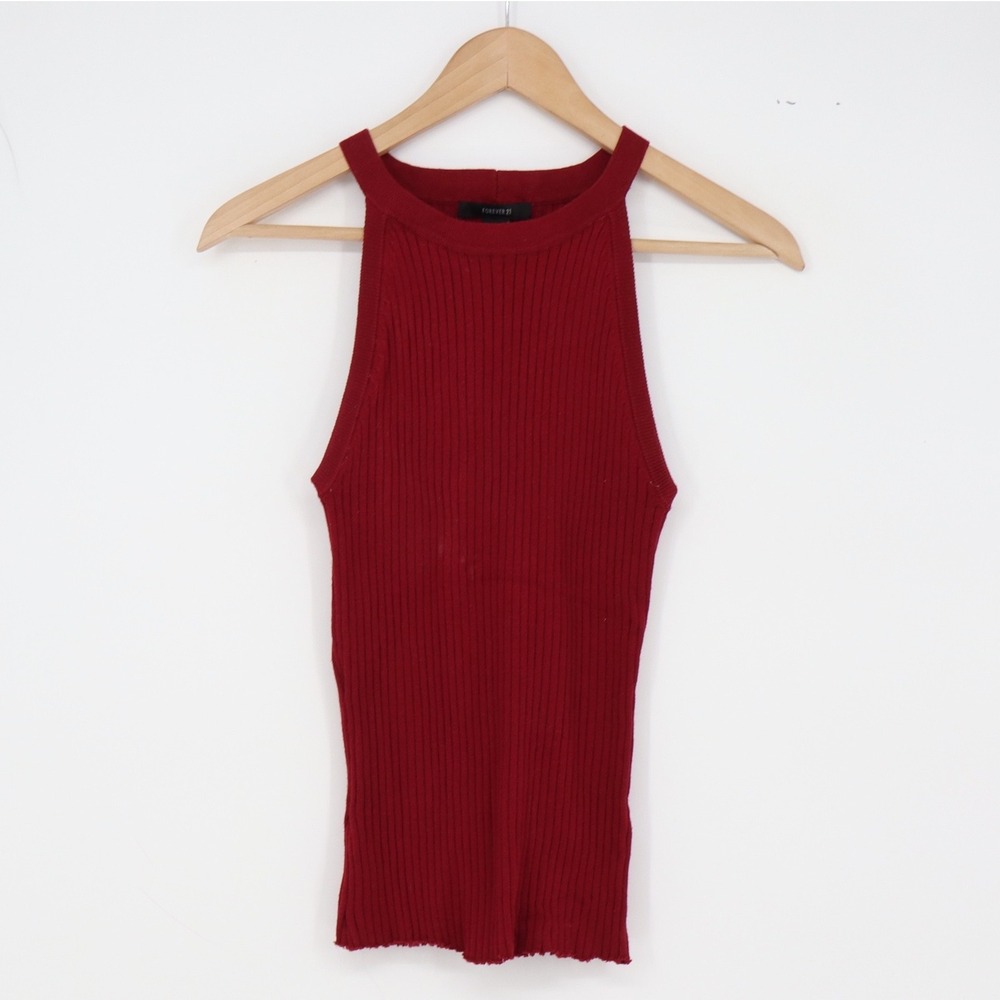 Forever 21 Tank Top Womens L Ribbed Burgundy High Neck Racerback Excellent